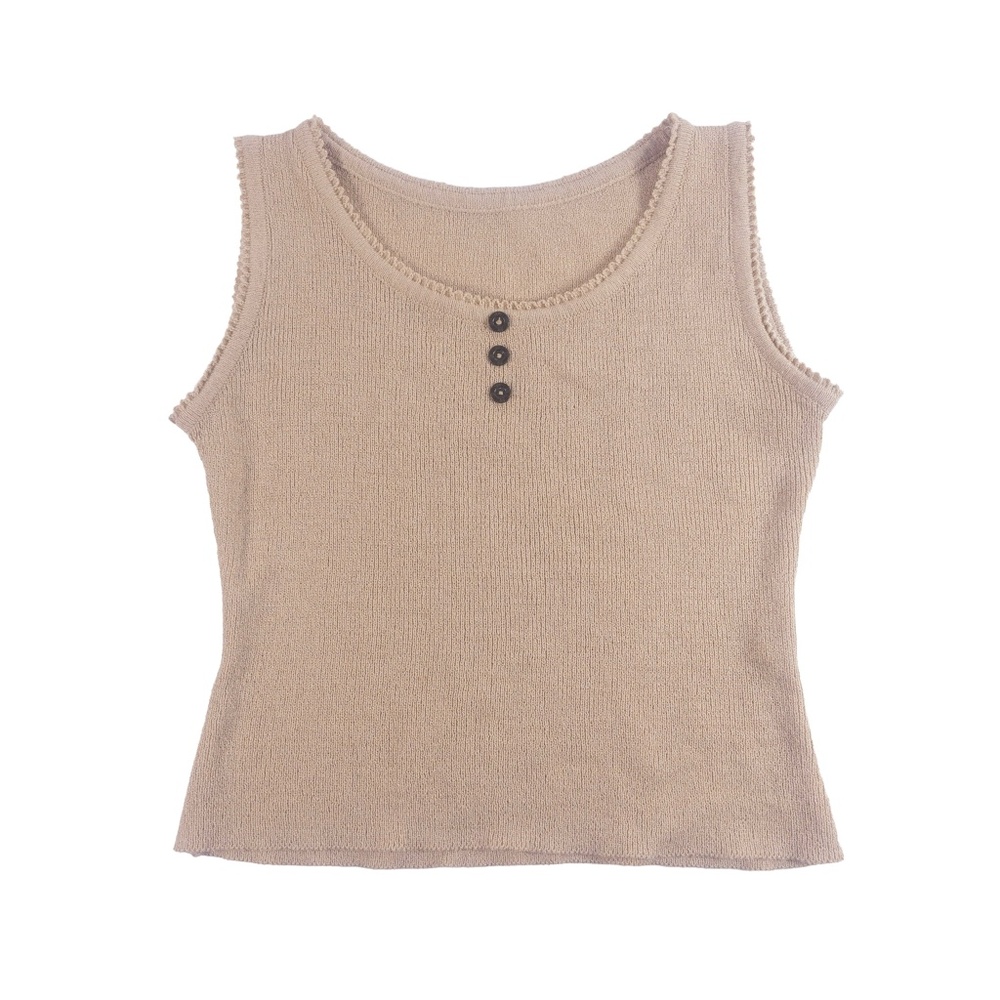 Unbranded Casual Buttons Scalloped Knit Cream Brown Cropped Tank Top Size Medium